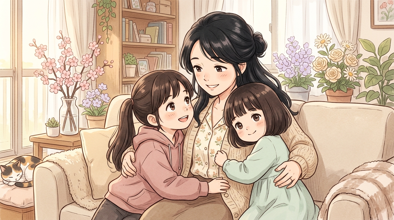 シングルマザーと2人の娘が寄り添うあたたかな家庭のイラスト