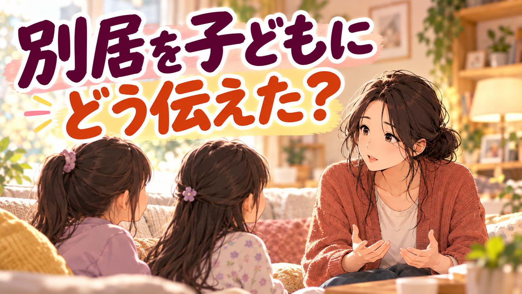 母親が2人の子どもと話すイメージイラスト。「別居を子どもにどう伝えた？」の文字。