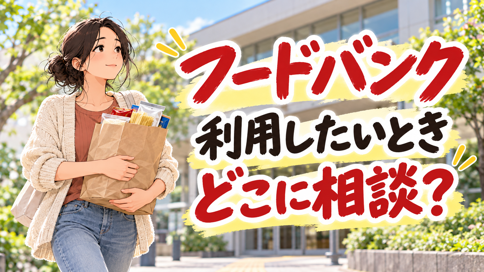 明るい屋外で食品の紙袋を持つ女性のイメージ。「フードバンク 利用したいとき どこに相談？」の文字。