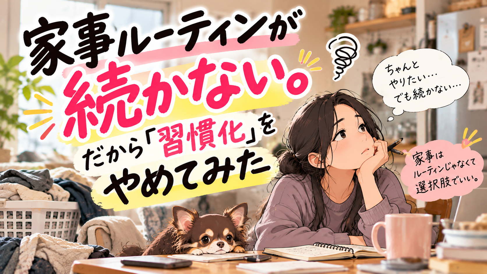家事の道具と、選べる家事を表す紙が置かれた暮らしのイメージイラスト