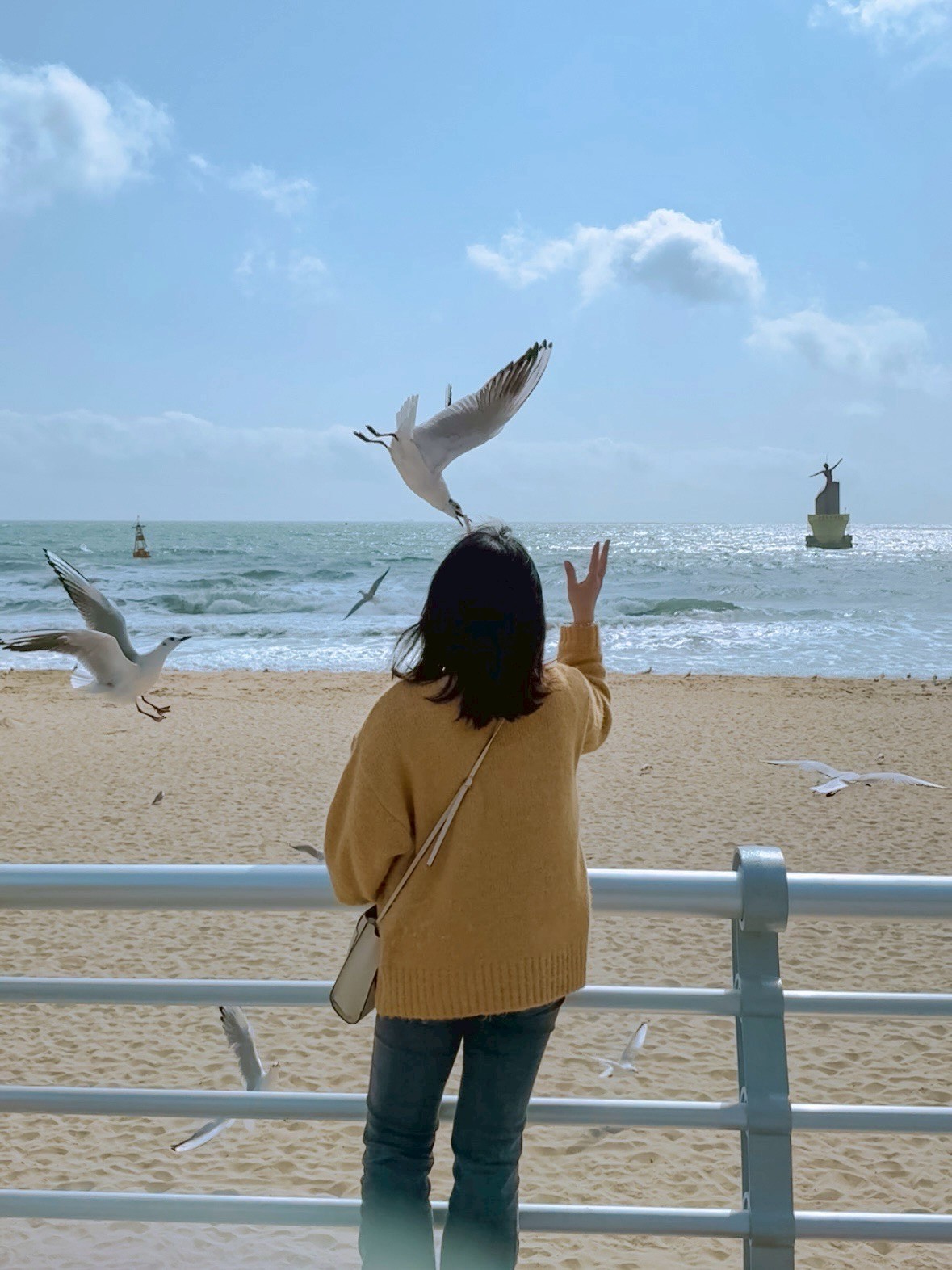 海辺で鳥に手を伸ばすぼらぼらの後ろ姿