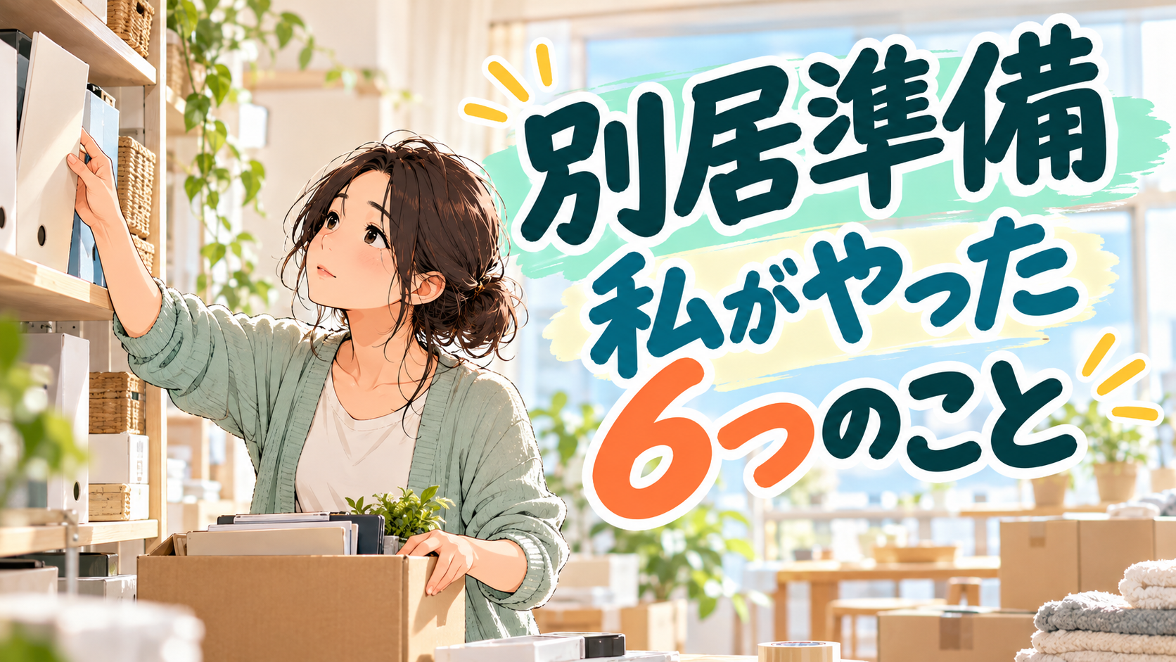 書類と引っ越し用品を整理する女性のイメージイラスト。「別居準備 私がやった6つのこと」の文字。