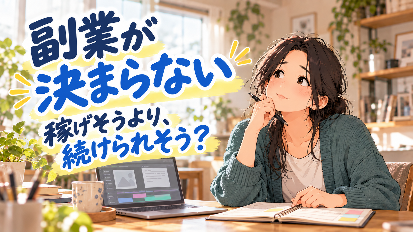 副業が決まらない。稼げそうより、続けられそう？ パソコンの前で考える女性のイメージイラスト。